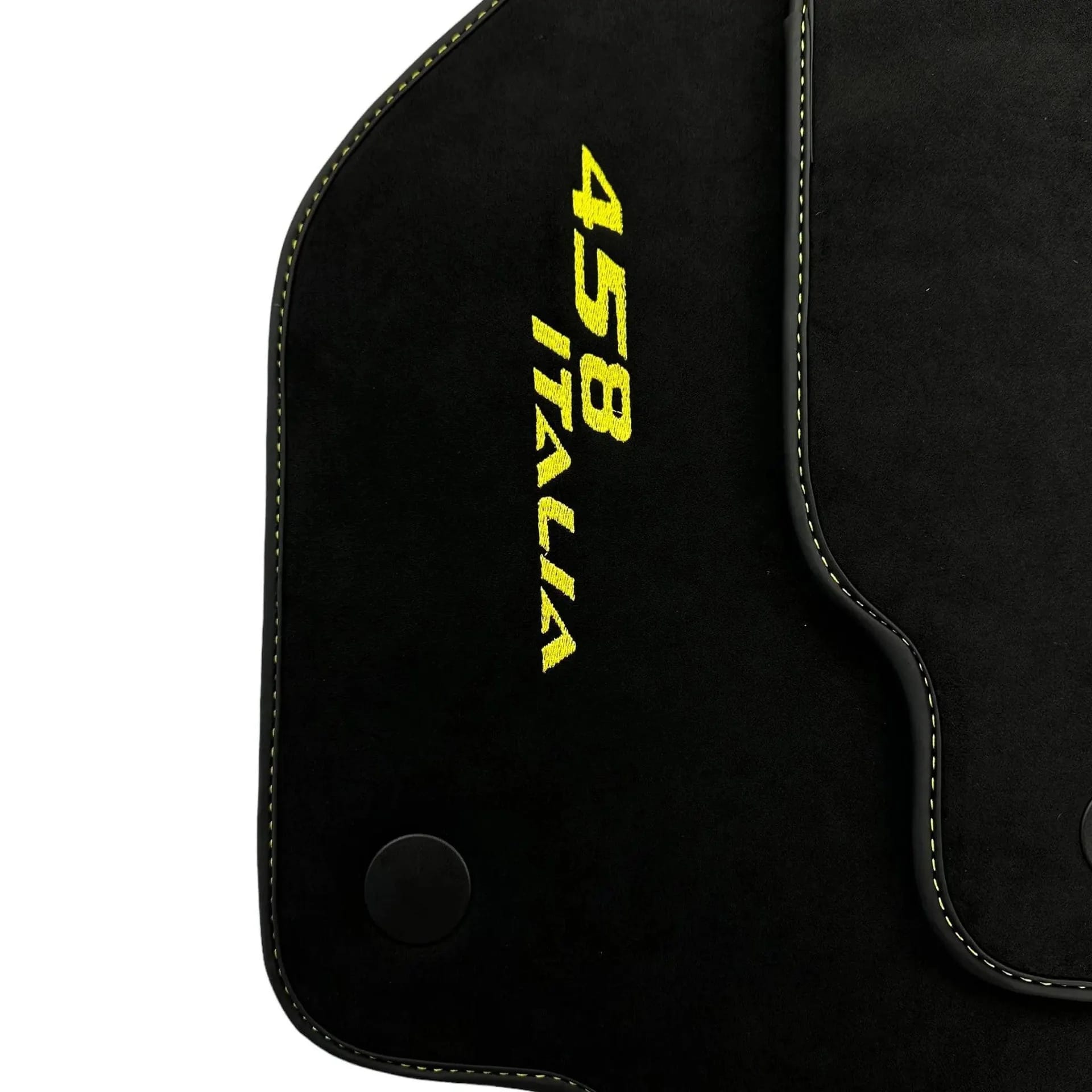 Ferrari 458 custom fit floor mat, premium quality with precise fitment, featuring yellow Italia embroidery.