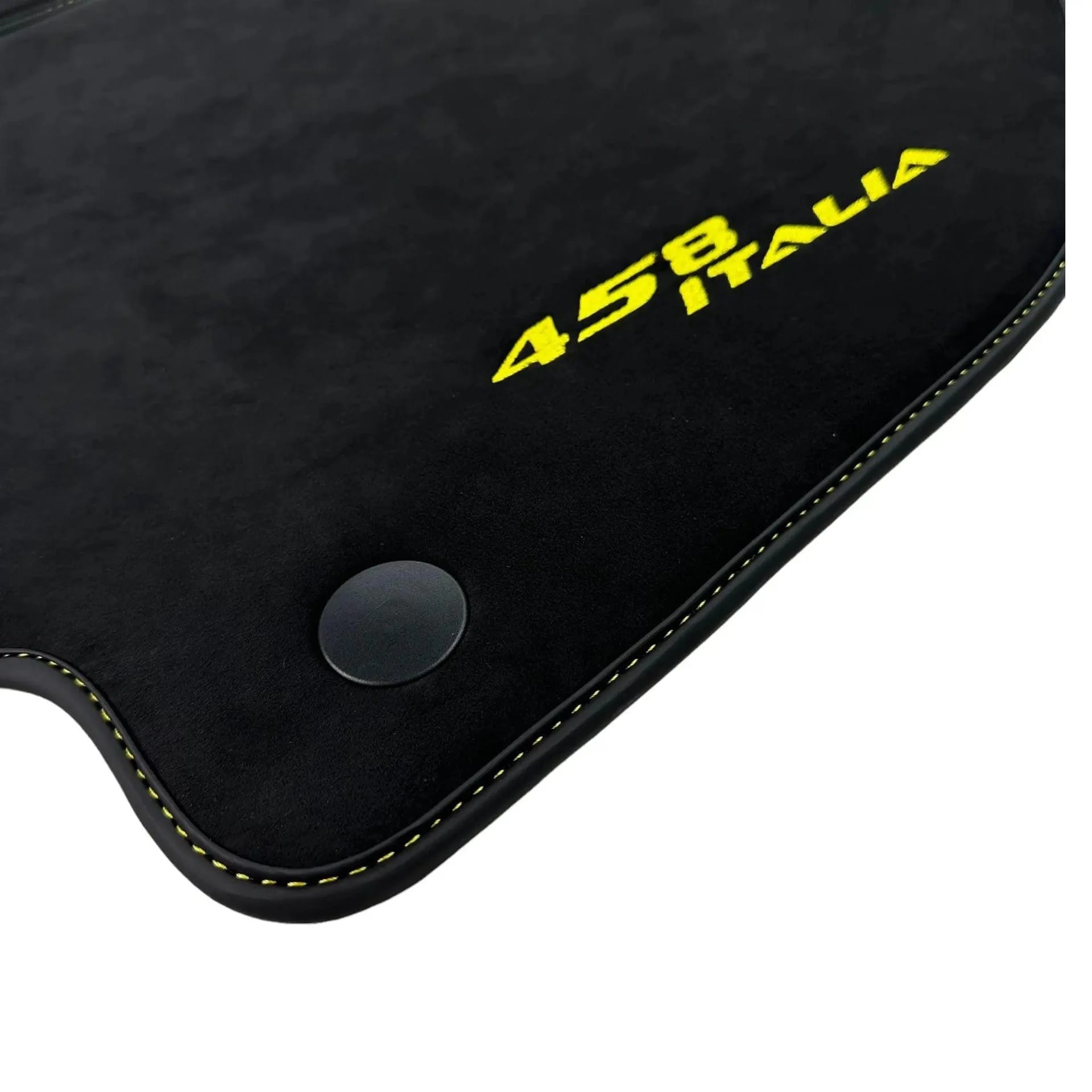 Custom fit Ferrari 458 floor mat, premium quality material, precise fitment, featuring yellow logo and stylish stitching.
