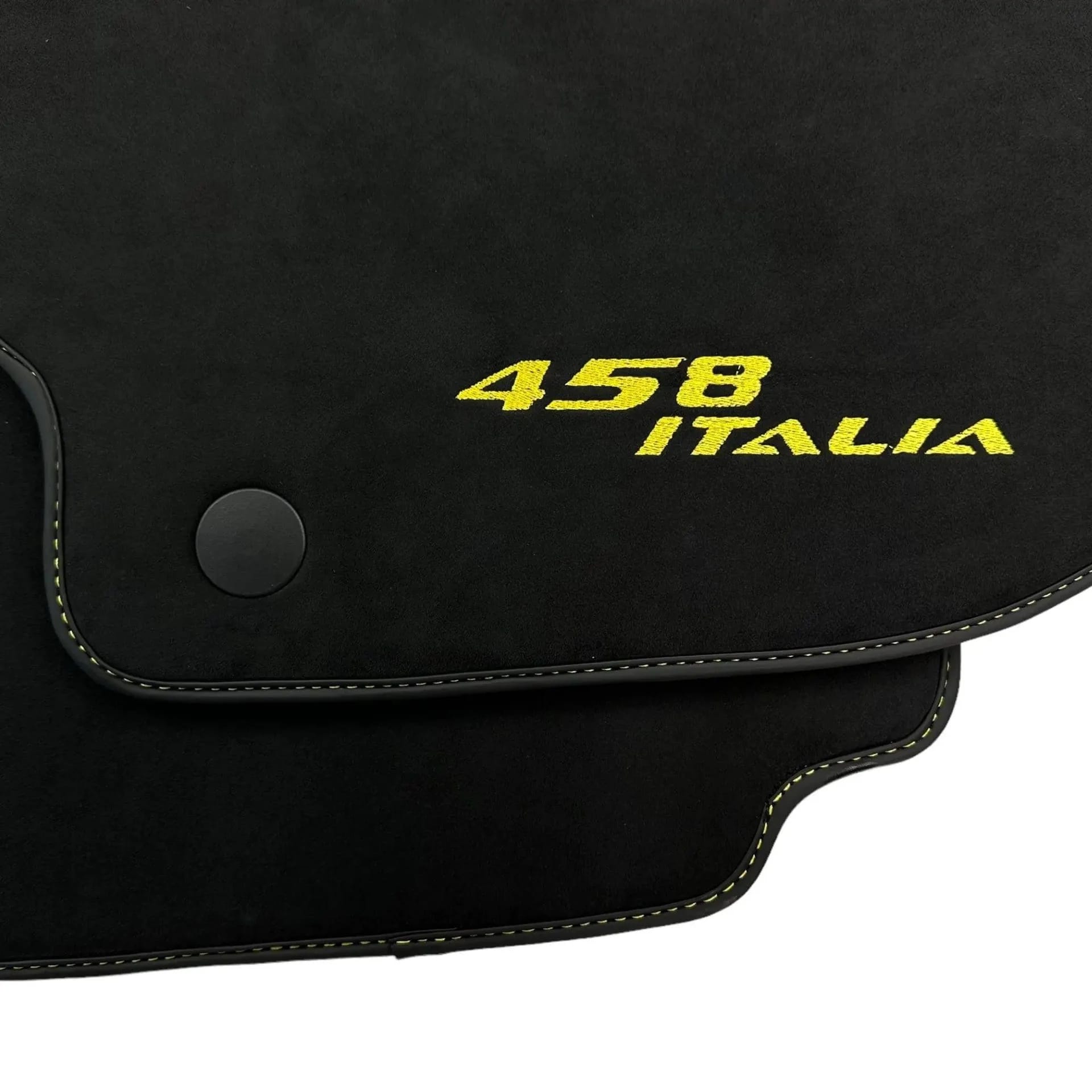 Ferrari 458 floor mats, custom fit, premium quality material, precise fitment, featuring stylish yellow embroidery.