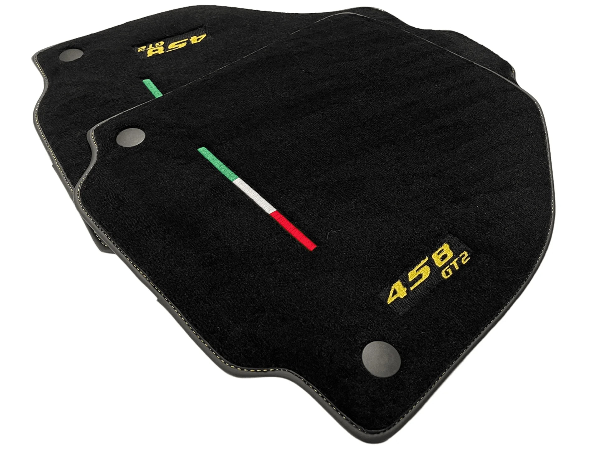Luxury black floor mats for Ferrari 458 GT2 with yellow stitching