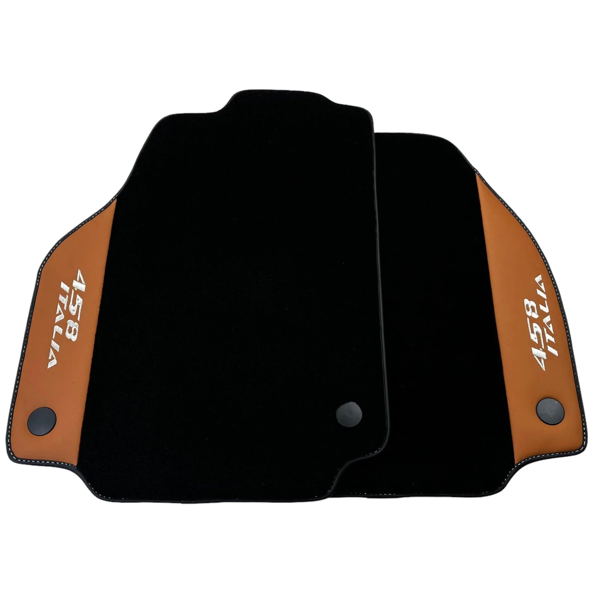 Custom-fit Ferrari 458 floor mats, premium quality, precise fitment, featuring sleek black and orange design.