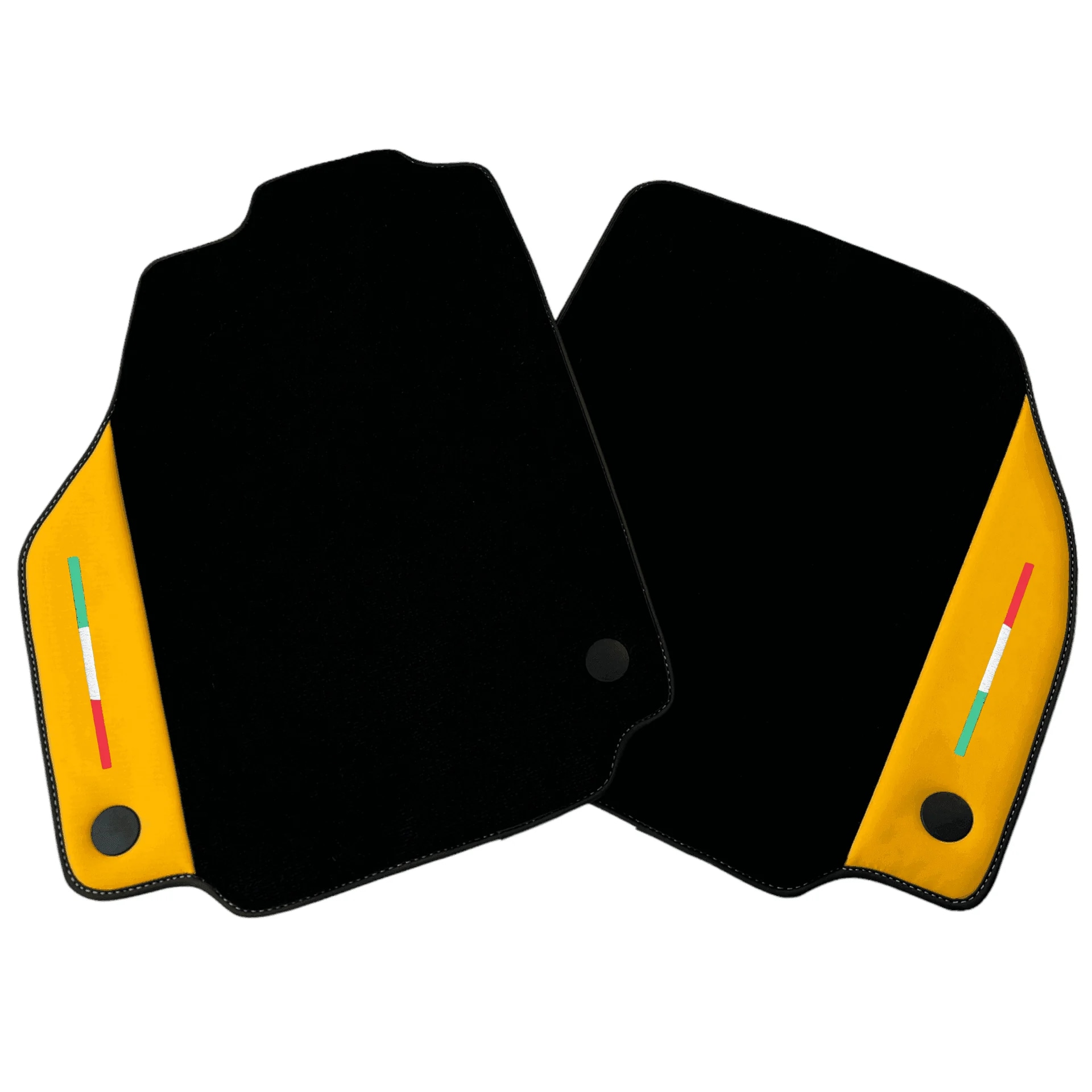 Ferrari 458 custom fit floor mats, premium quality material, precise fitment, stylish design with yellow accents.