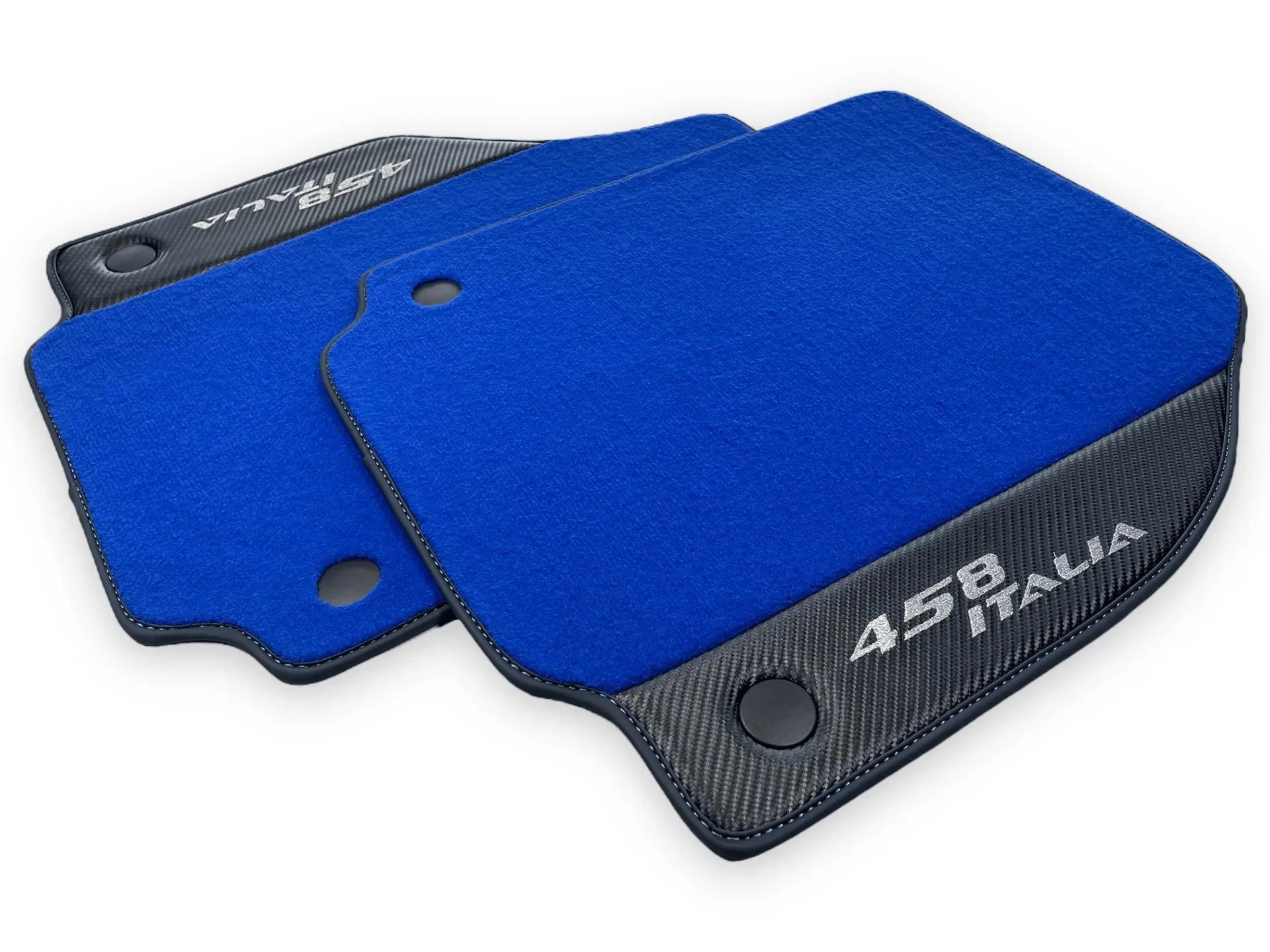 Custom-fit Ferrari 458 floor mats in premium quality with precise fitment, featuring a striking blue color and carbon fiber a