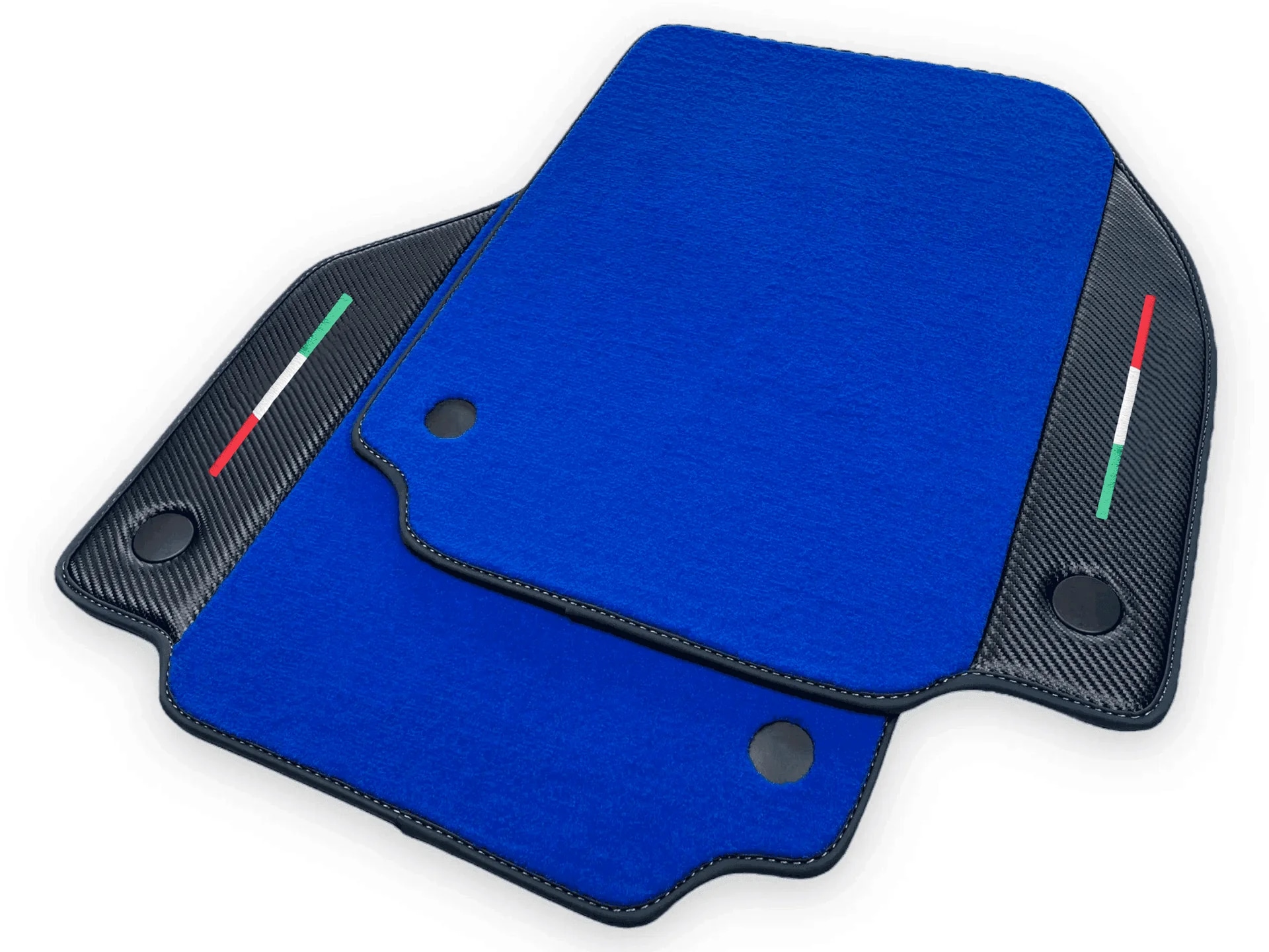 Custom fit Ferrari 458 floor mats, premium quality with precise fitment, featuring vibrant blue color and stylish carbon acce