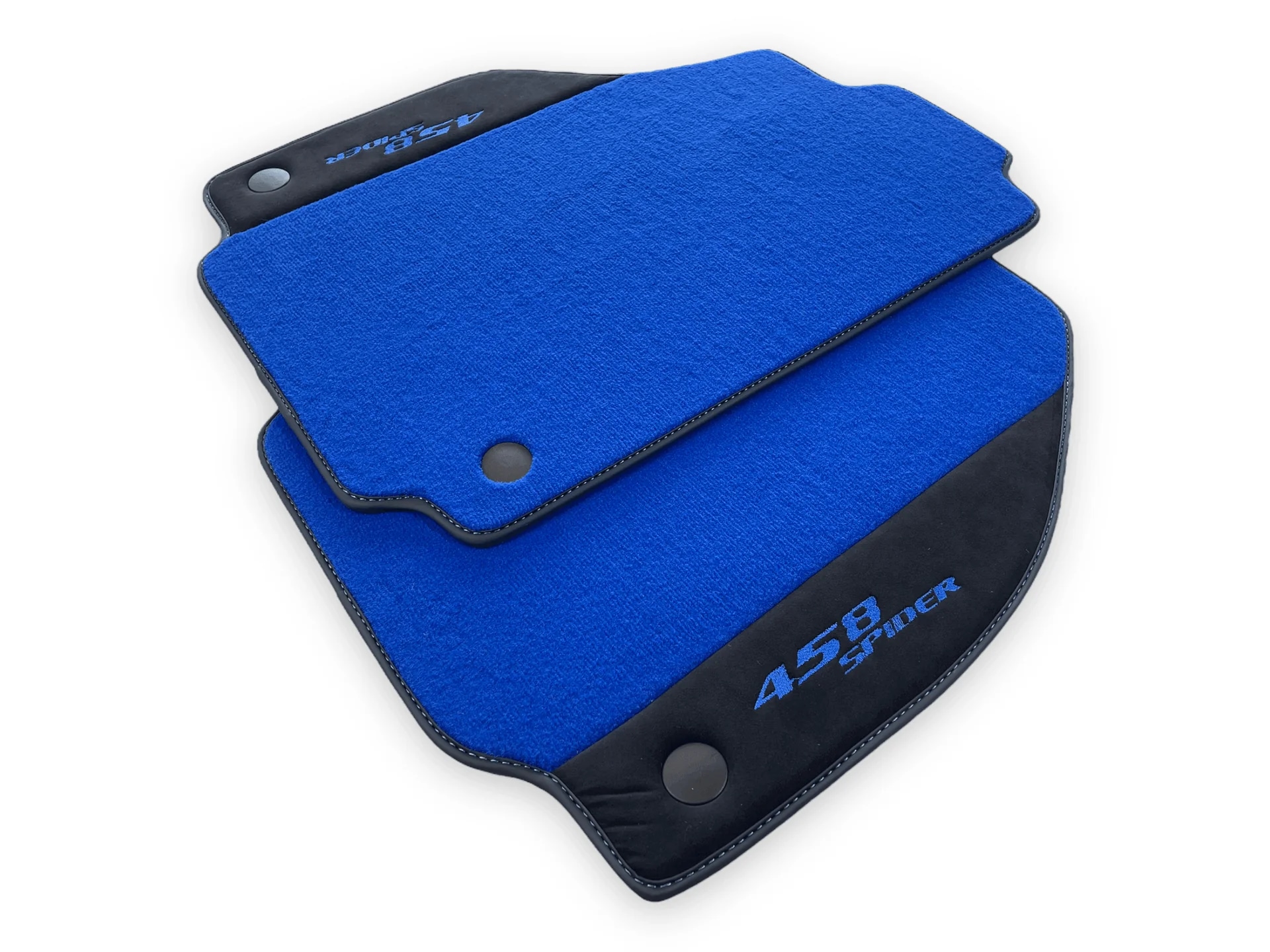 Custom fit Ferrari 458 floor mats in premium quality material, featuring precise fitment and stylish blue design.