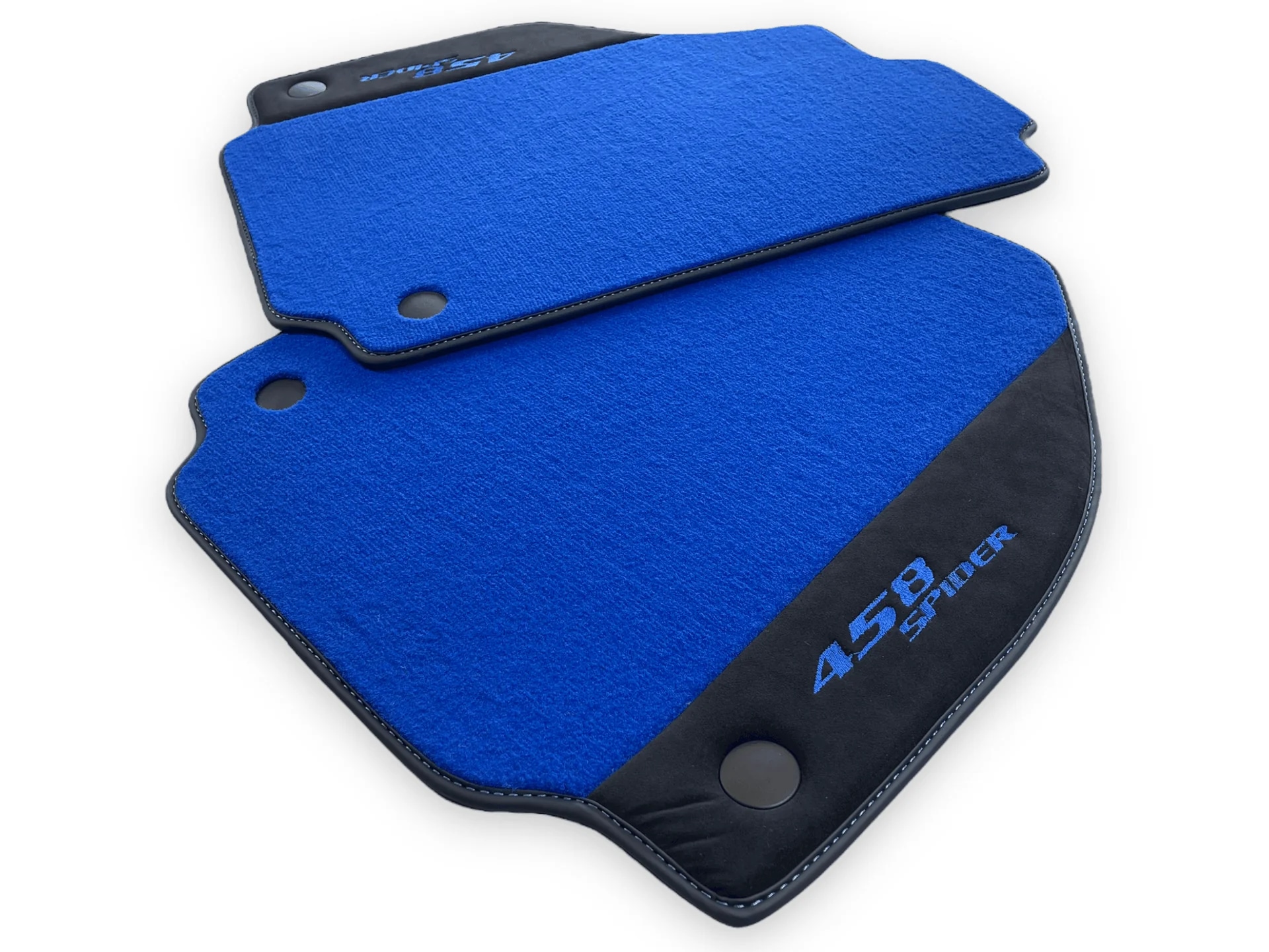Custom fit Ferrari 458 floor mats, premium quality material, precise fitment, vibrant blue color, ideal for luxury vehicles.