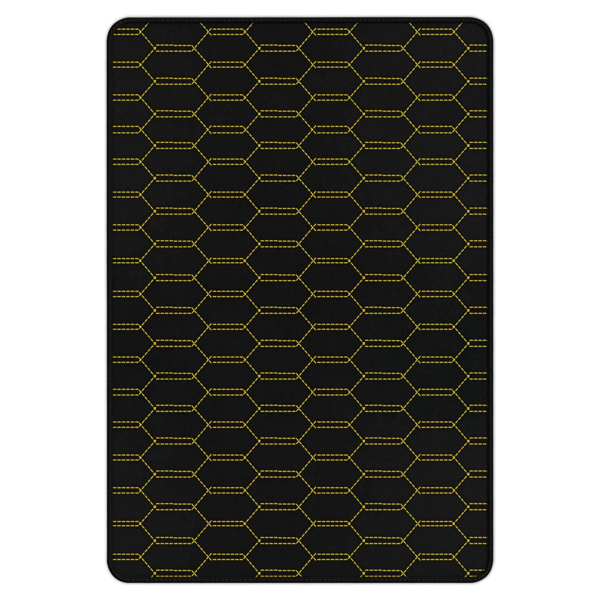 Ferrari 458 custom fit floor mat, premium quality with precise fitment, featuring a stylish hexagonal design and yellow stitc