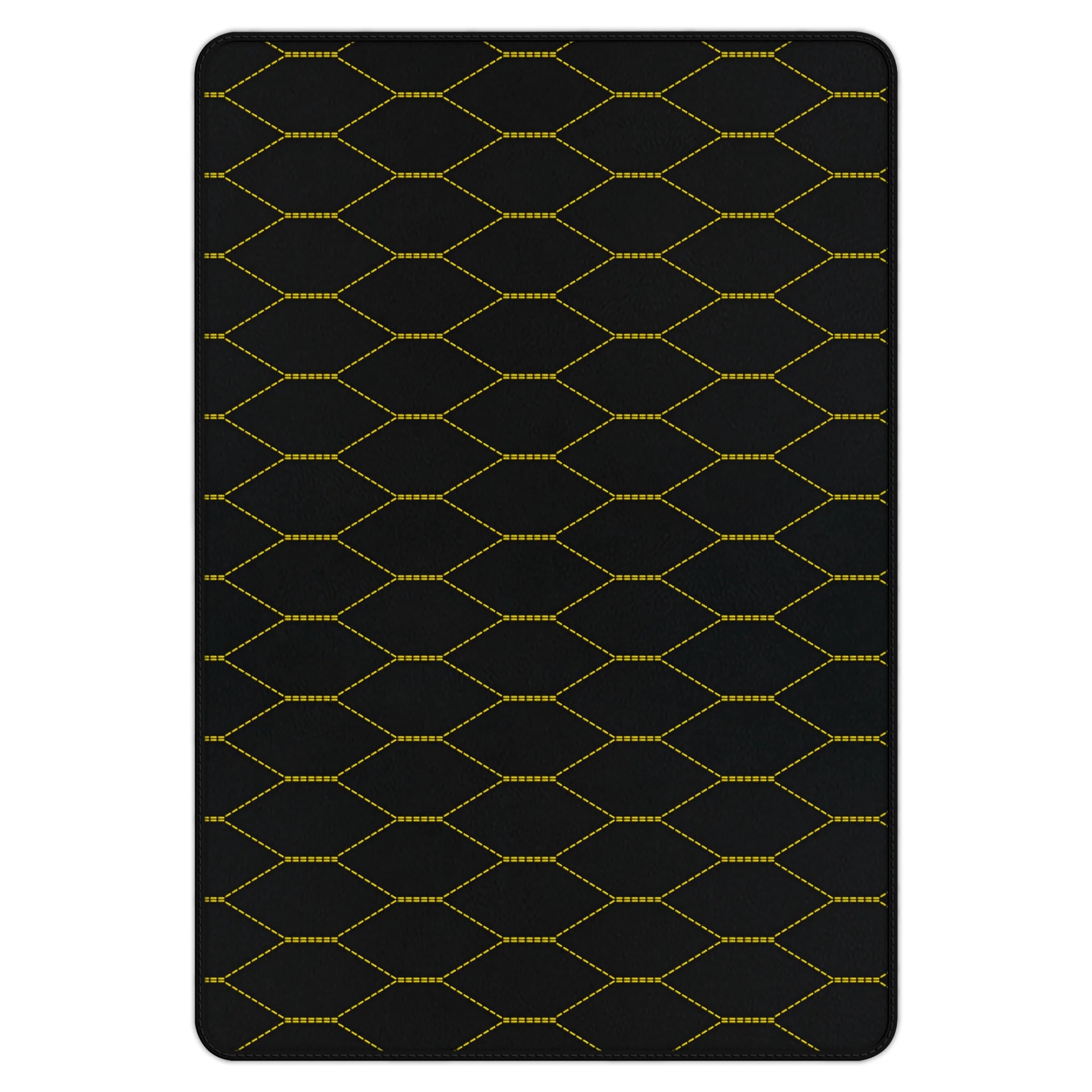 Ferrari 458 custom fit floor mat, premium quality, hexagonal pattern with yellow stitching, precise fitment for luxury vehicl