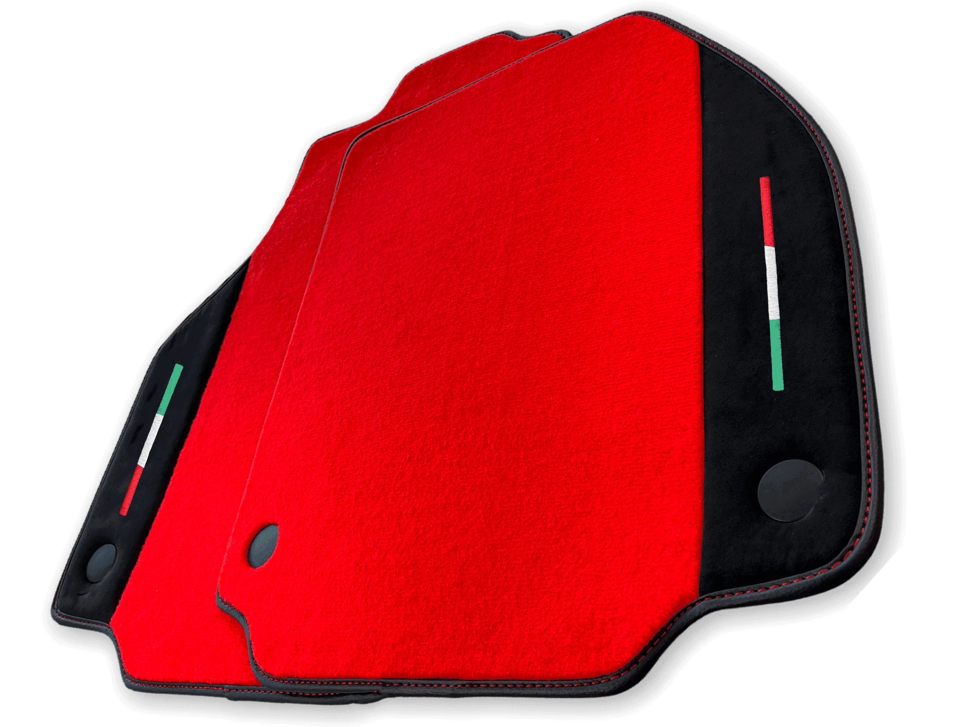 Custom-fit Ferrari 458 floor mats in premium quality, featuring precise fitment and stylish red design with Italian flag acce