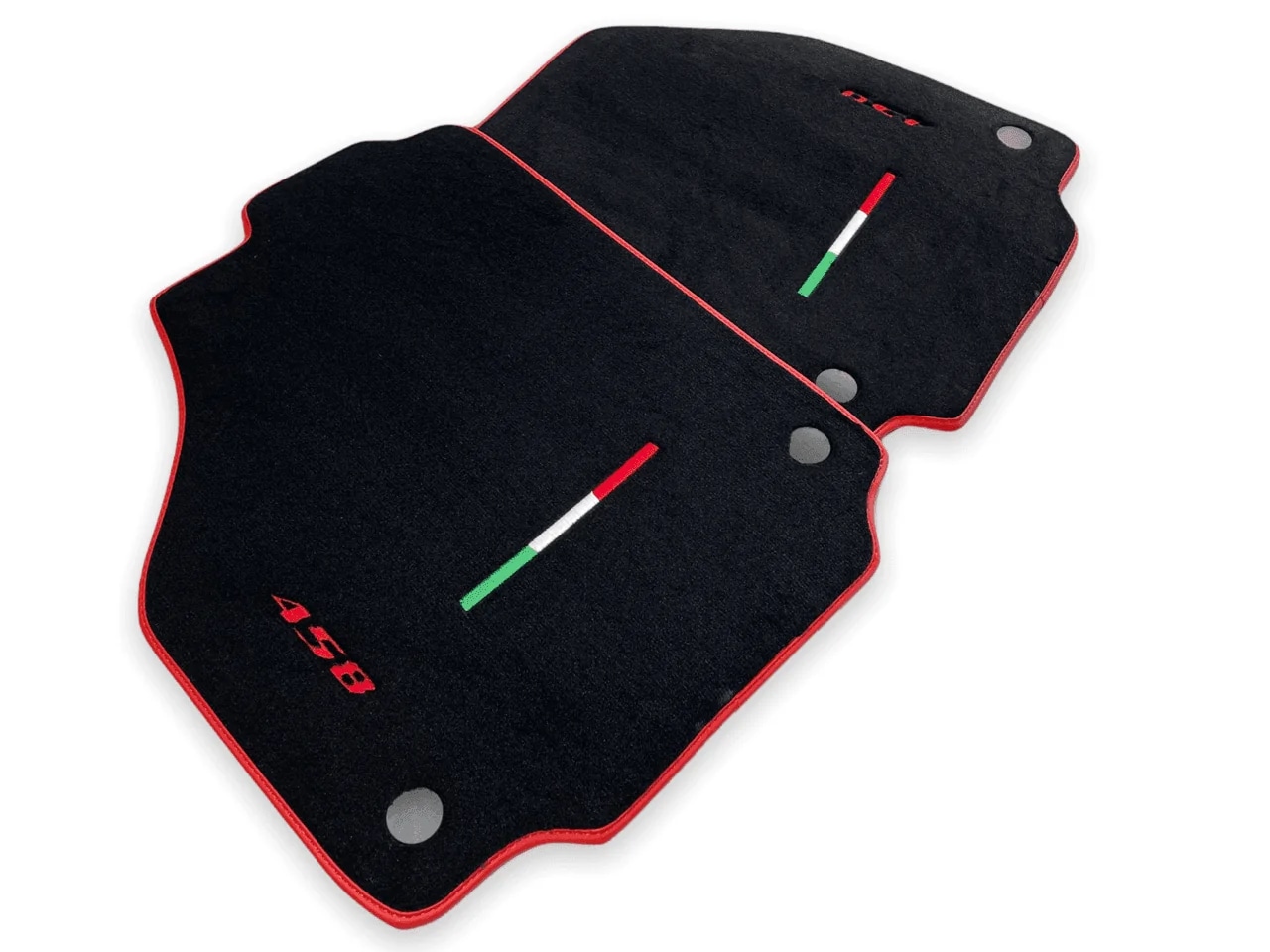 Ferrari 458 floor mats, custom fit, premium quality, precise fitment, durable design with stylish red trim.