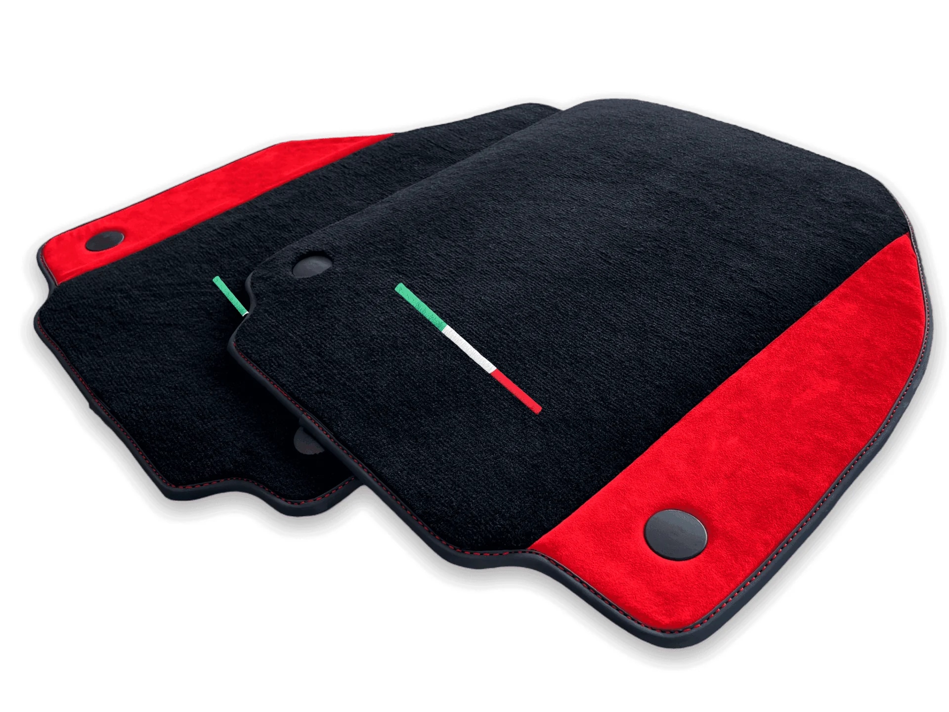 Custom fit Ferrari 458 floor mats, crafted for premium quality and precise fitment, featuring a sleek black and red design.