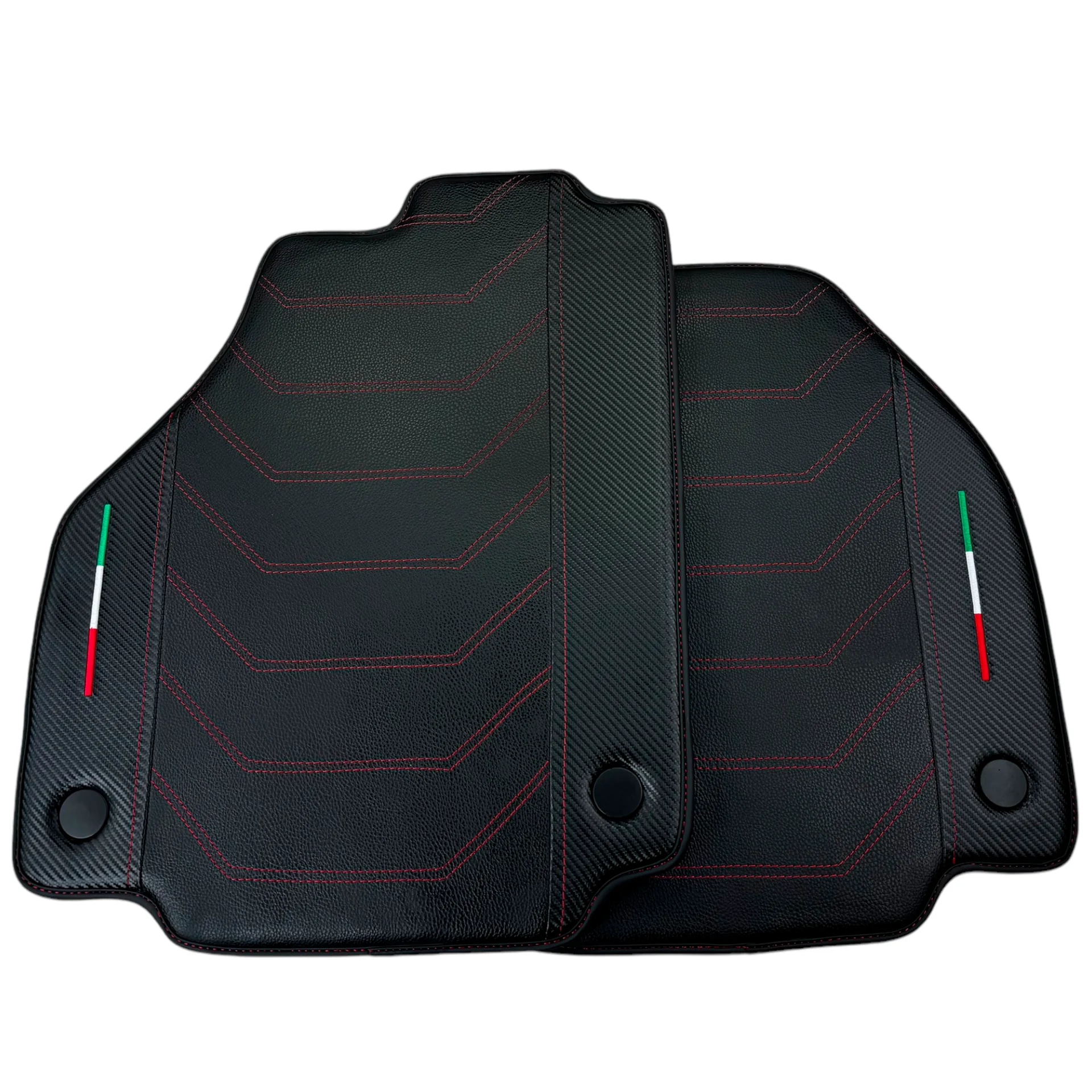 Custom-fit Ferrari 458 floor mats in premium quality material, featuring precise fitment and stylish red stitching.