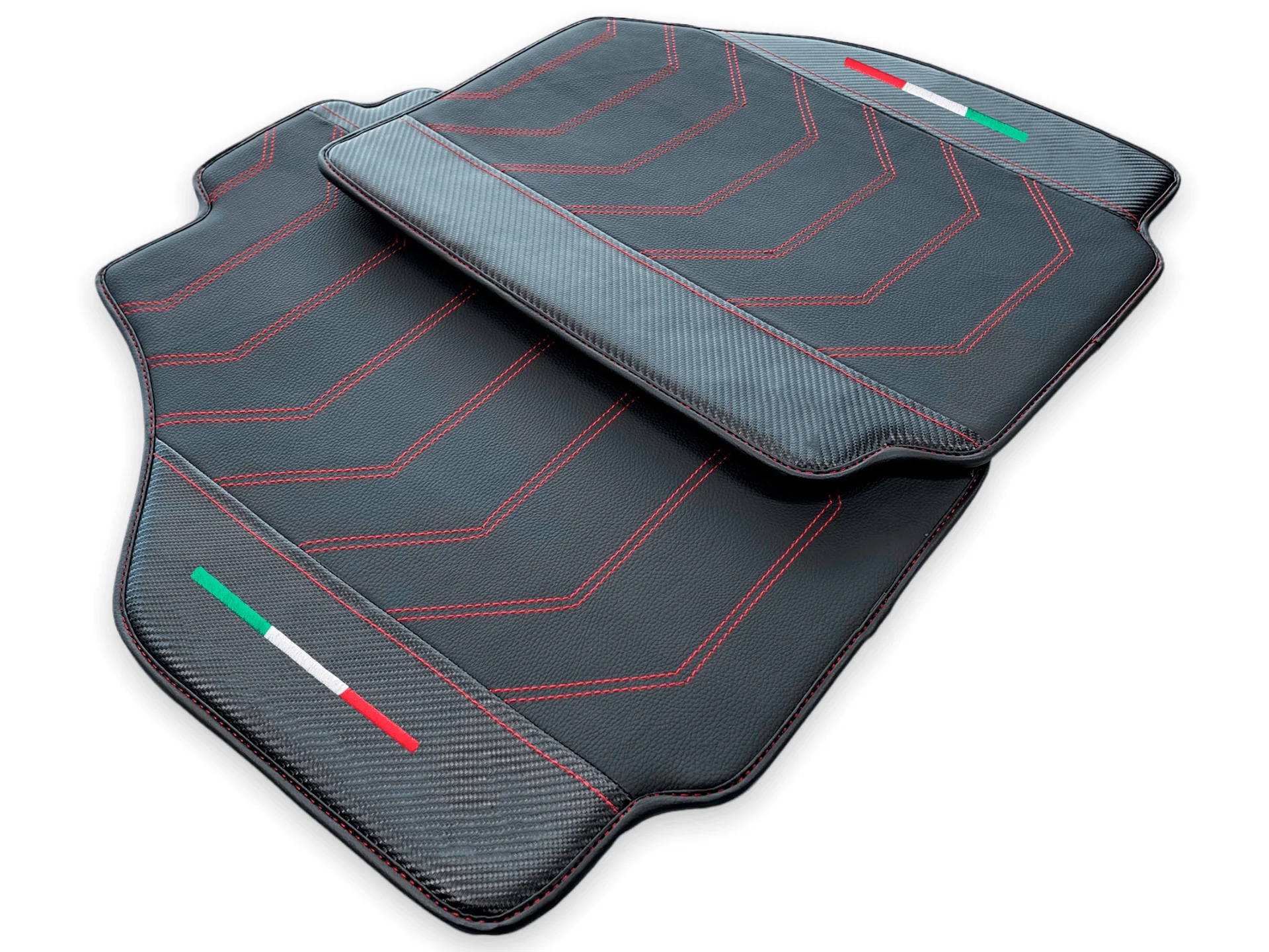 Ferrari 458 custom fit floor mats, premium quality material, precise fitment, stylish design with red stitching.