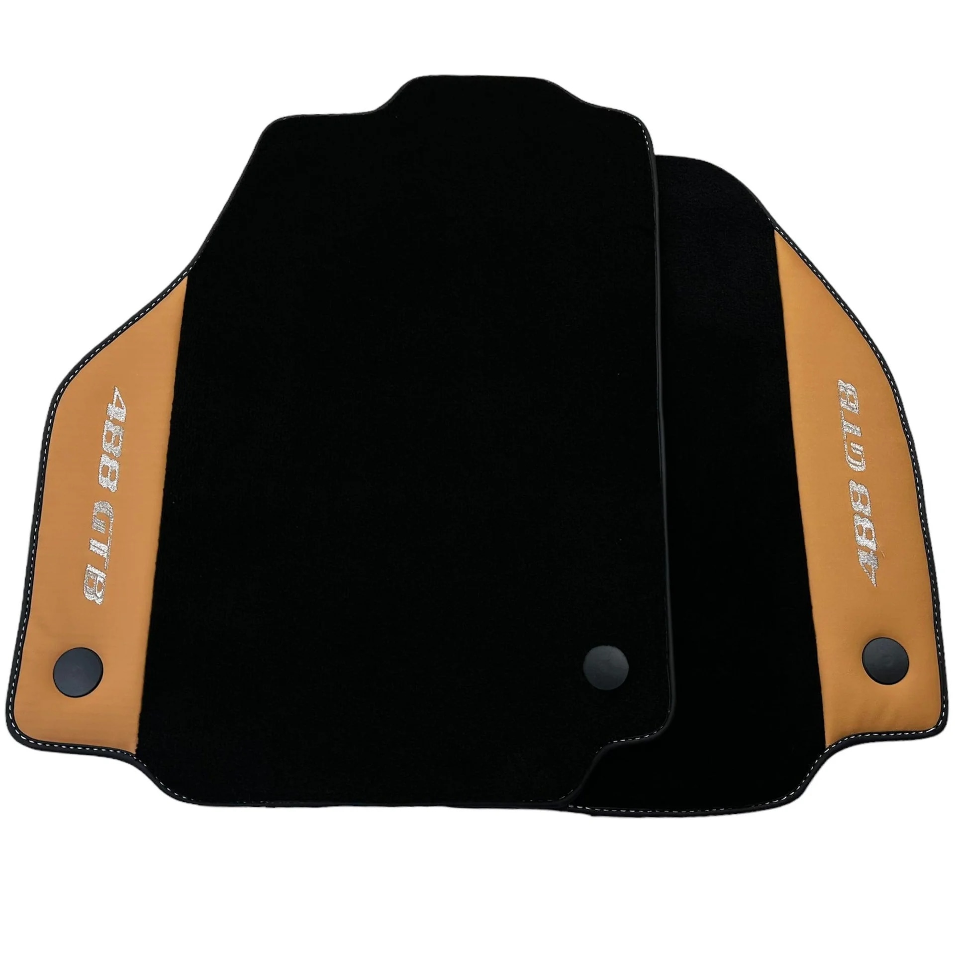 Ferrari 488 maßgeschneiderte Fußmatten, hochwertige Verarbeitung, präzise Passform, elegantes Schwarz und Beige Design.