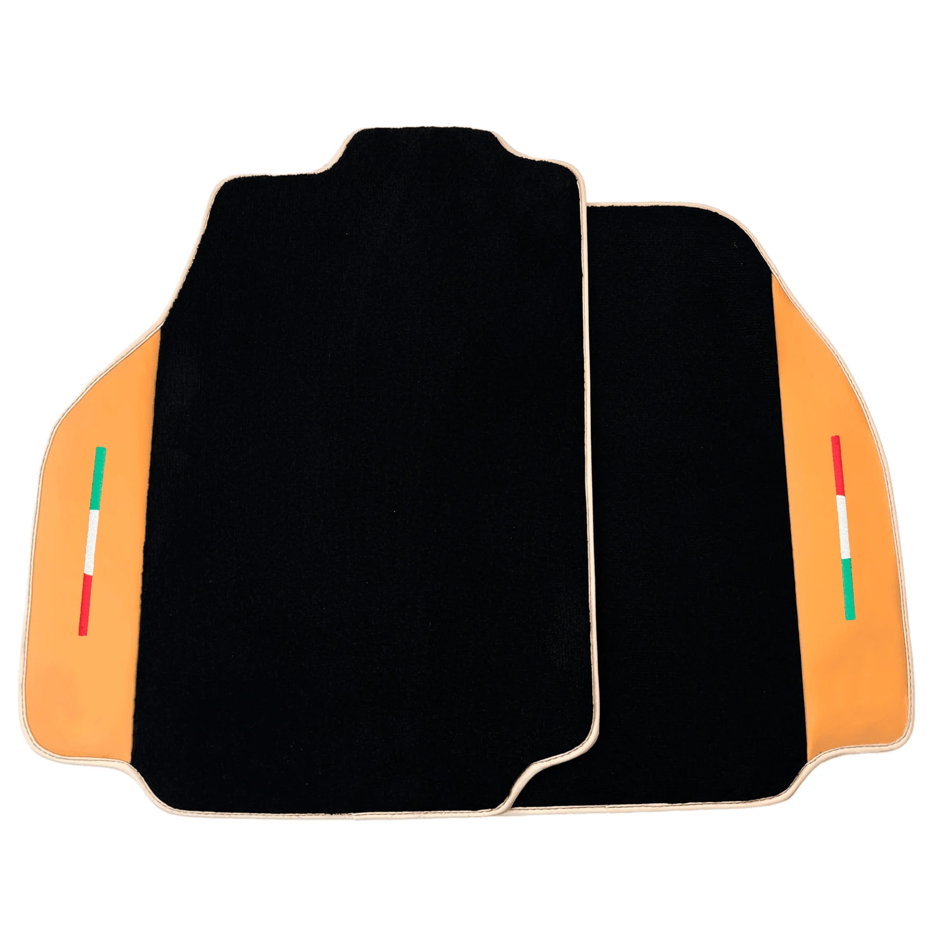 フェラーリ488用カスタムフィットフロアマット、スタイリッシュな黒とオレンジのデザインで高品質。