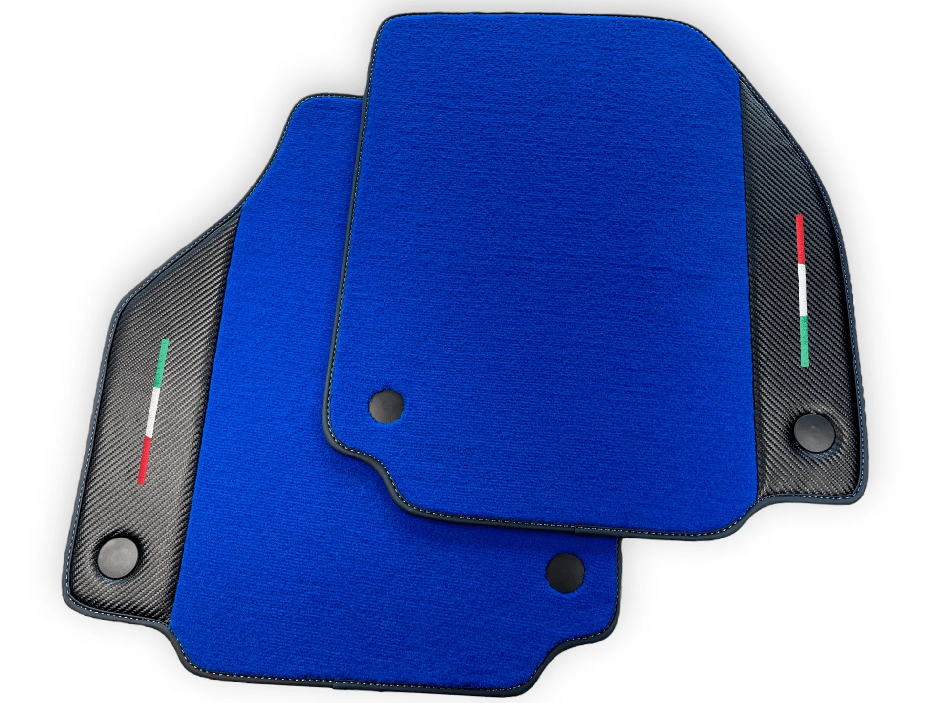Custom-fit Ferrari 488 floor mats, premium quality with precise fitment, featuring a stylish blue design and carbon accents.