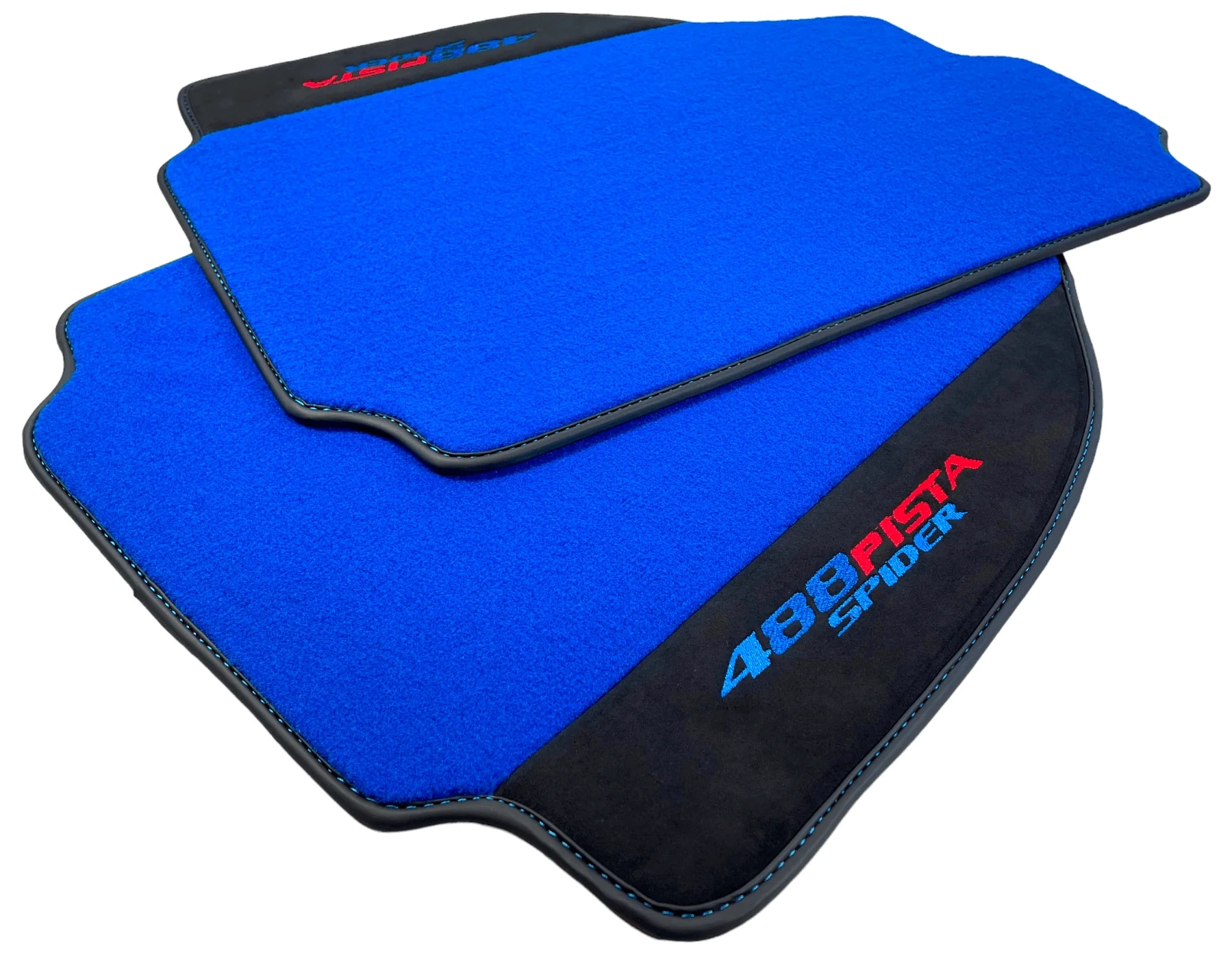 Ferrari 488 Pista Spider maßgefertigte Fußmatten, hochwertige Qualität, präzise Passform, aus lebhaft blauem Material.