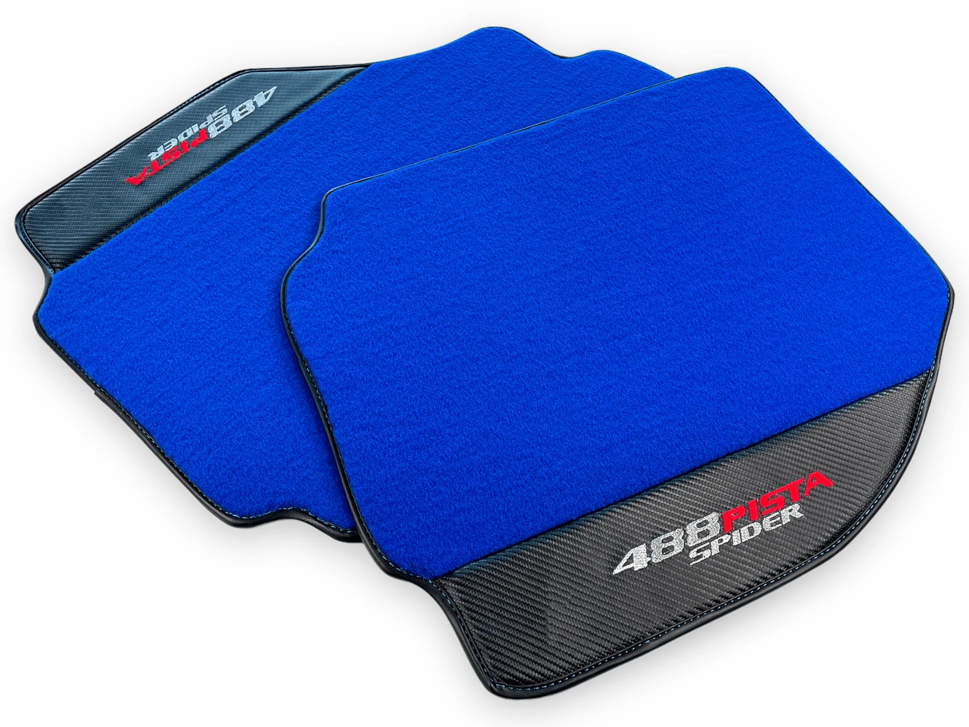Custom-fit Ferrari 488 floor mats in premium quality, featuring precise fitment and stylish blue design.
