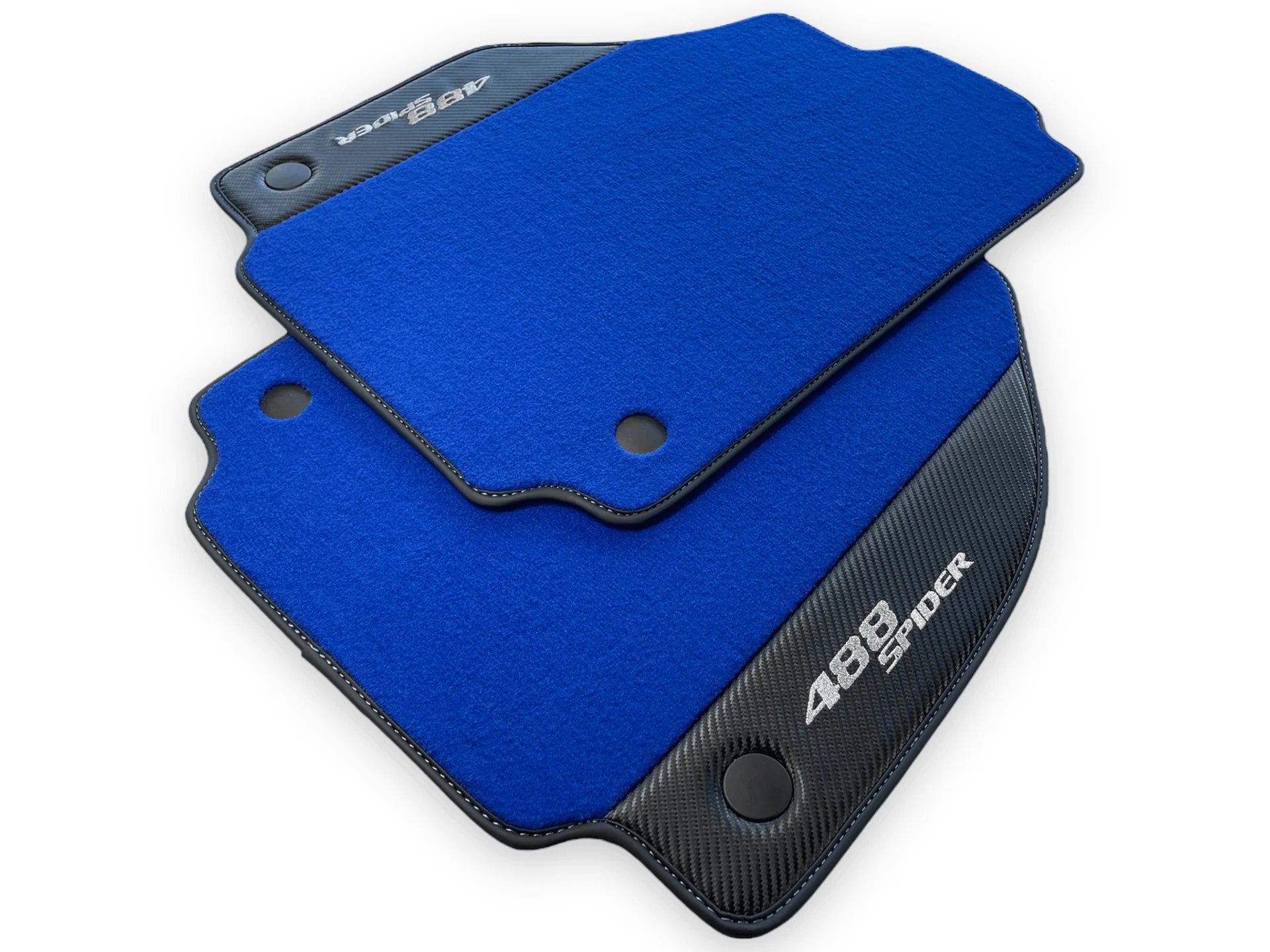 Ferrari 488 custom fit floor mats, premium quality, precise fitment, vibrant blue color with carbon fiber accents.