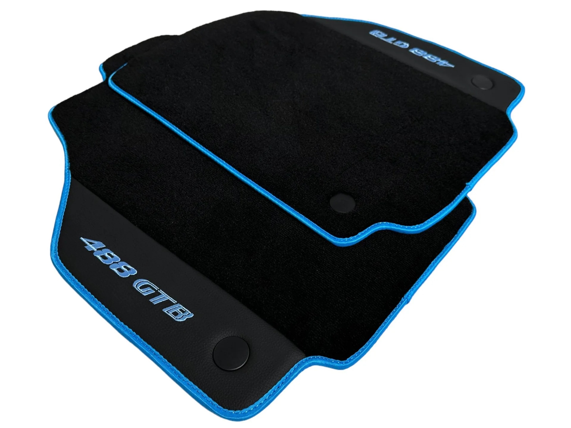 Tapis de sol Ferrari 488, sur mesure, qualité premium, ajustement précis, avec des bordures bleues élégantes.