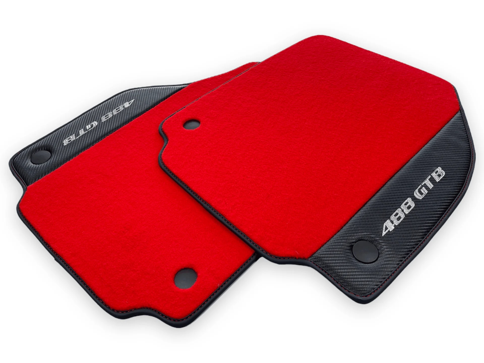 Ferrari 488 custom fit floor mats, premium quality, red with carbon accents, designed for precise fitment.