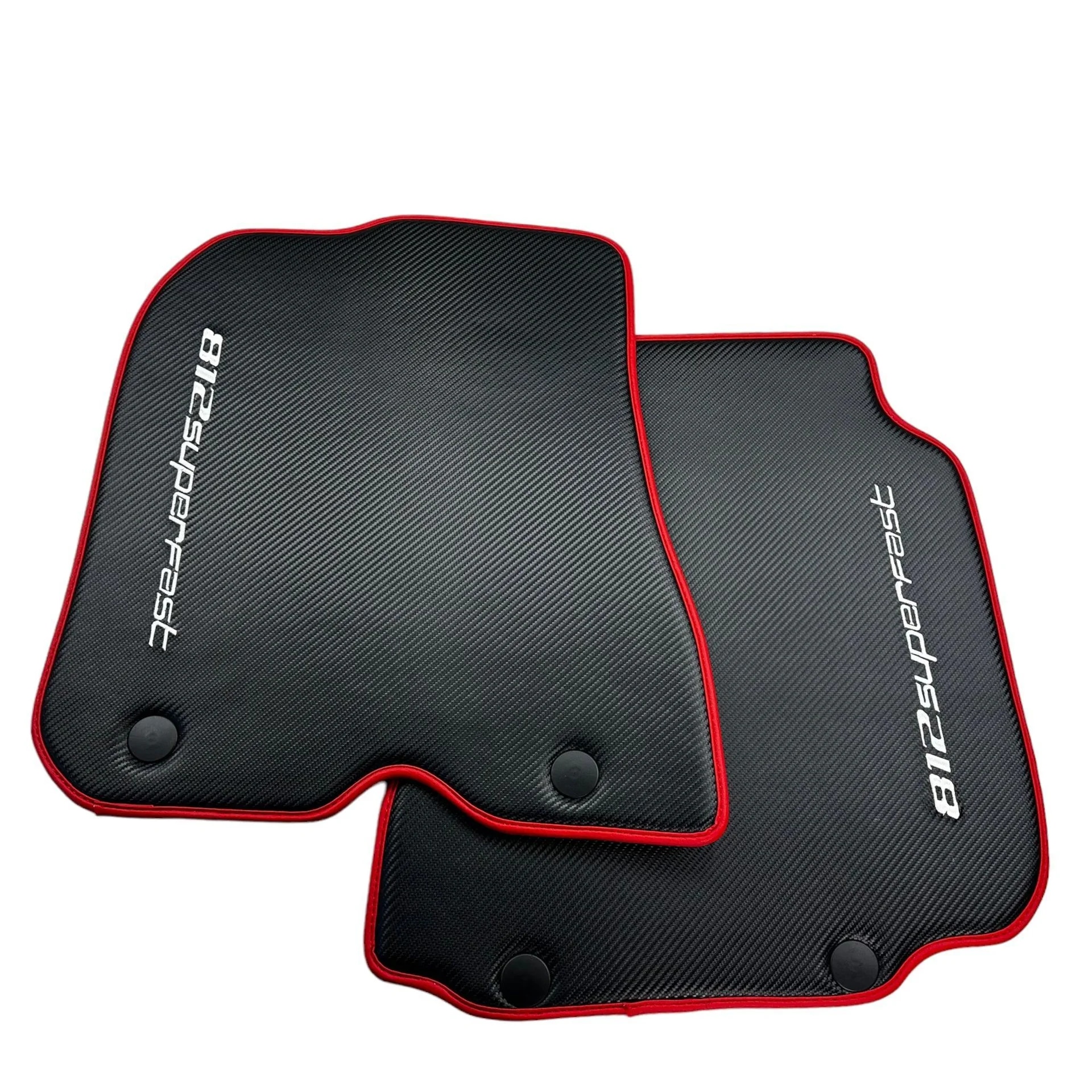 Custom-fit Ferrari 812 Superfast floor mats, premium quality with precise fitment, featuring durable black material and red t