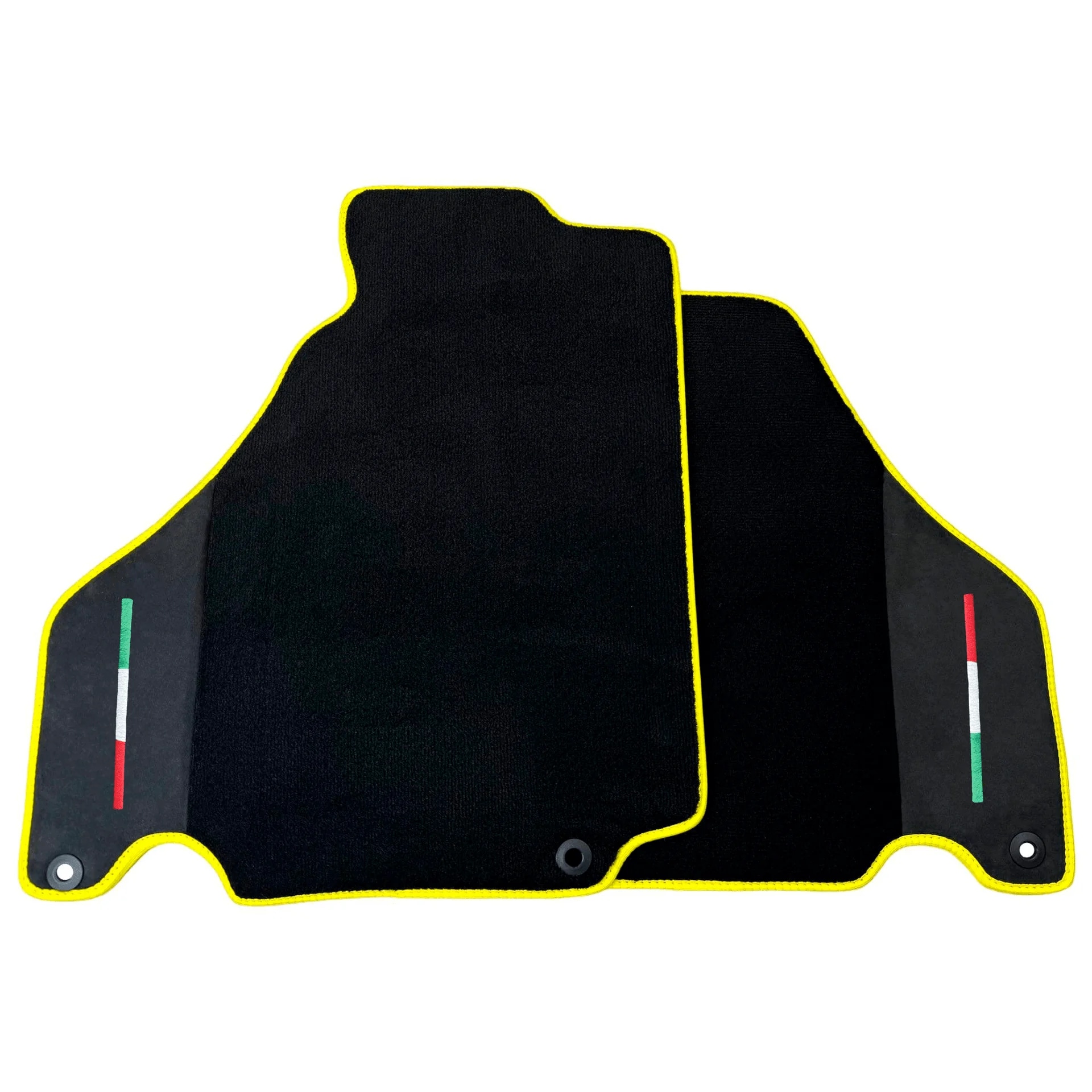 Ferrari F430 custom fit floor mats, premium quality, precise fitment, featuring stylish yellow trim and Italian flag accents.