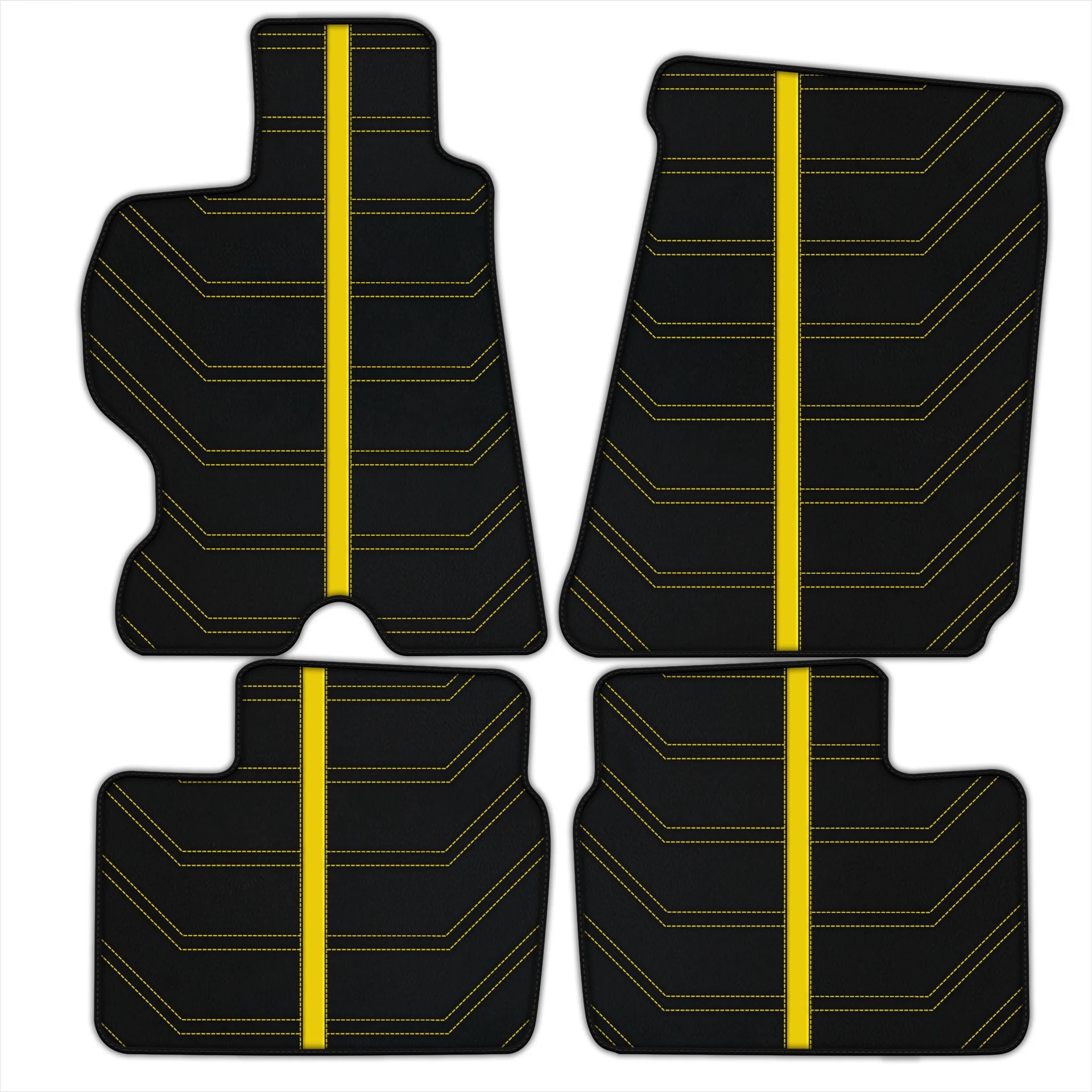 Ferrari FF maßgeschneiderte Fußmatten, hochwertige Verarbeitung, stilvolles schwarzes Material mit gelben Nähten.