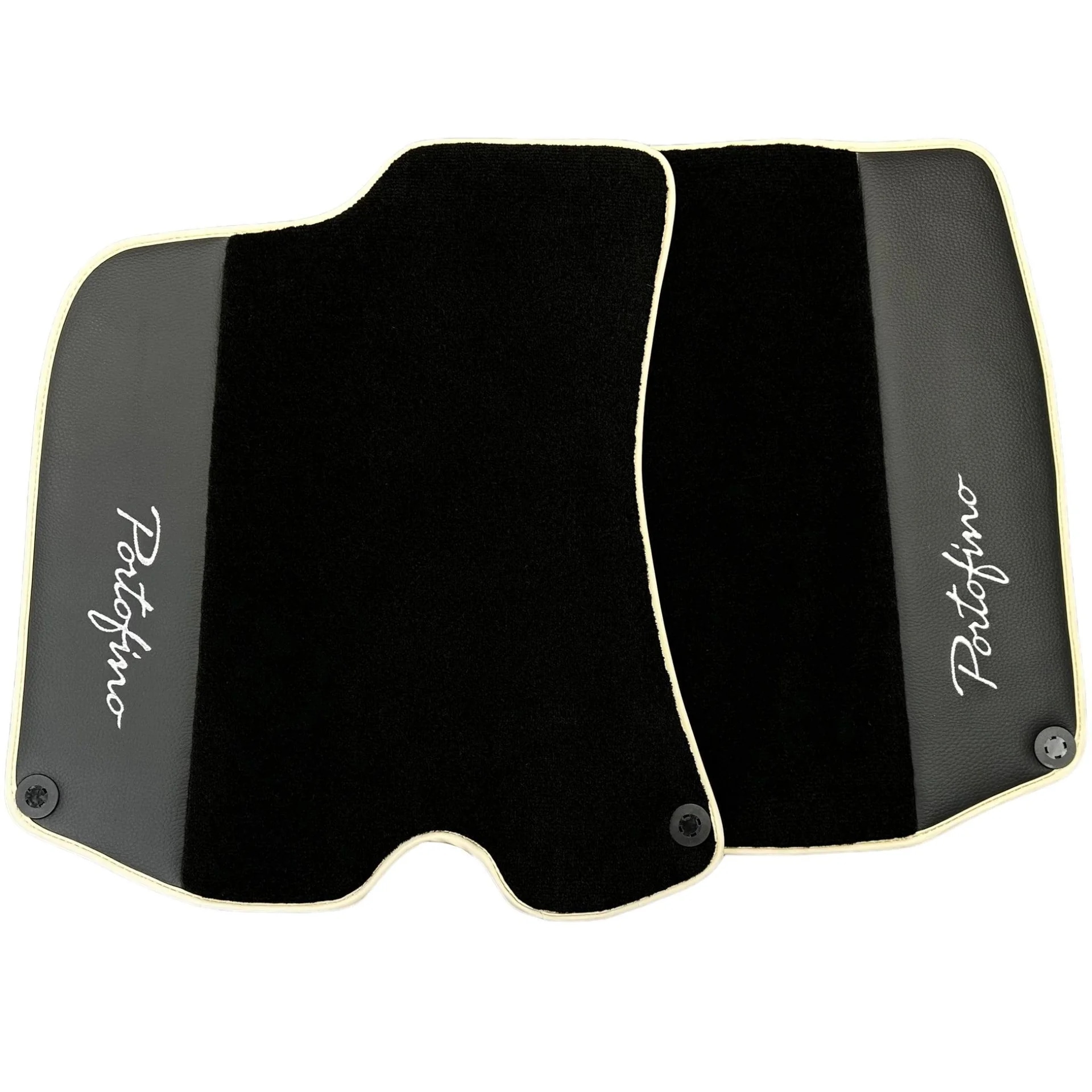 "Ferrari Portofino custom fit floor mats, premium quality, precise fitment, featuring luxurious black material with elegant t