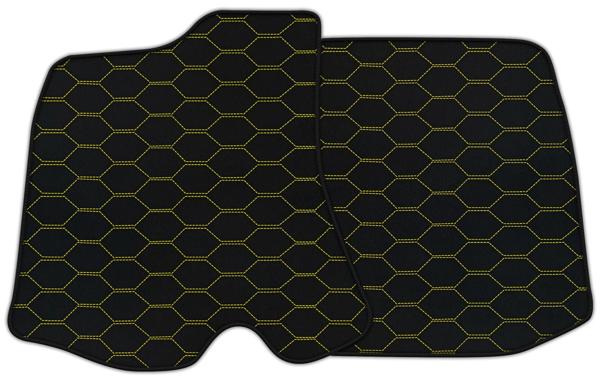 Custom fit Ferrari Roma floor mats, premium quality with a hexagonal pattern and yellow stitching for precise fitment.